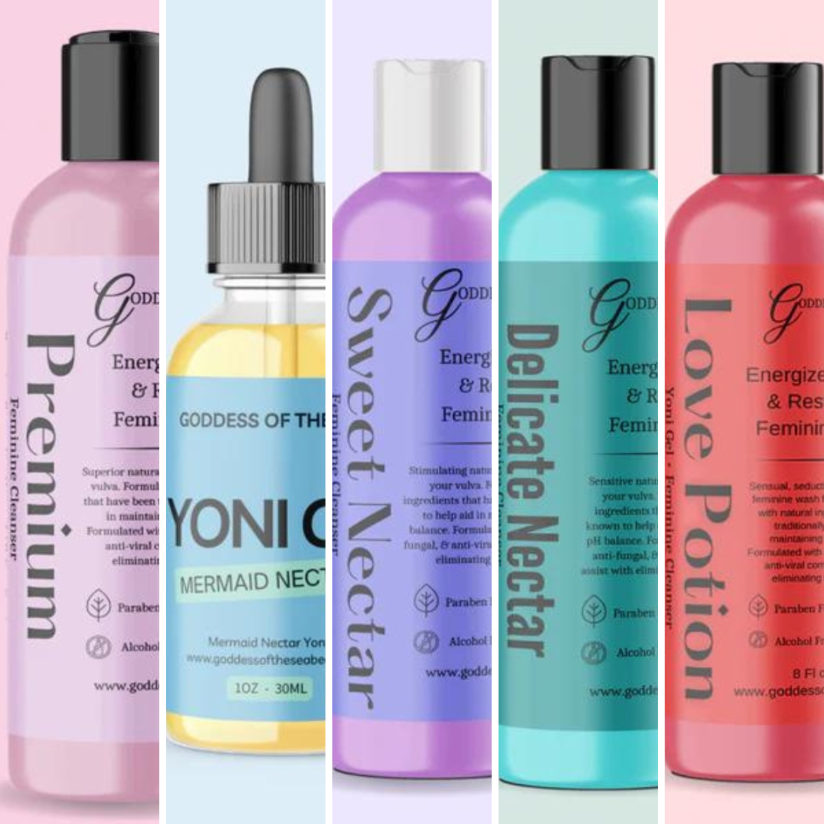 A group of feminine care wash bottles for your yoni.